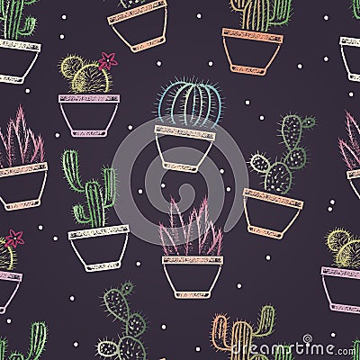 Seamless pattern of colored chalk painted different cacti in pots. Plants theme. Vector Illustration