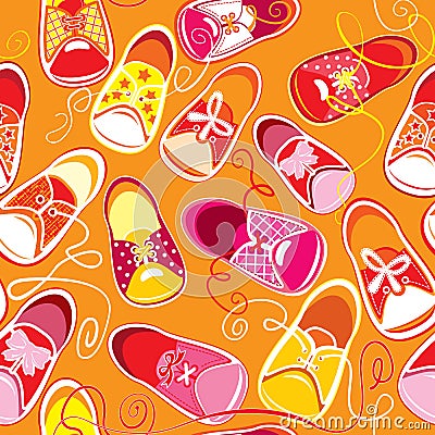 Seamless pattern, colored children gumshoes on orange background Vector Illustration