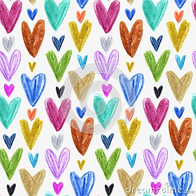 Seamless pattern with colored hand drawn hearts. White backdrop. Stock Photo