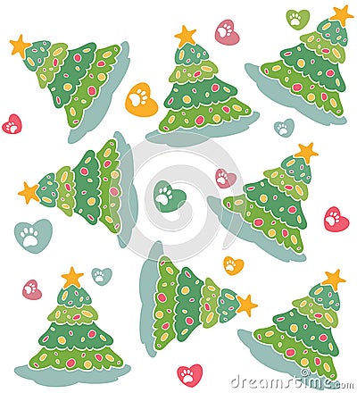 Seamless pattern with colored hearts, paws and christmas trees Vector Illustration