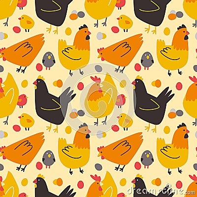 Seamless pattern with colored hens chickens and chicken eggs. Vector doodle illustration for spring background wrapping paper Vector Illustration