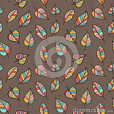 Seamless Pattern of Colored Leaves on Brown Background. Vector Illustration