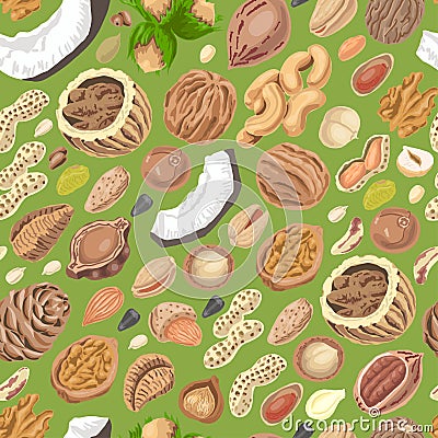 Seamless pattern with colored nuts and seeds Vector Illustration