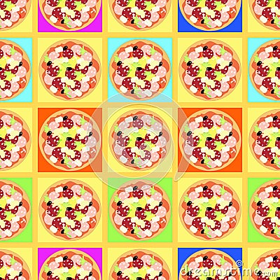 Seamless pattern with colored pizzas on tables. Vector Illustration