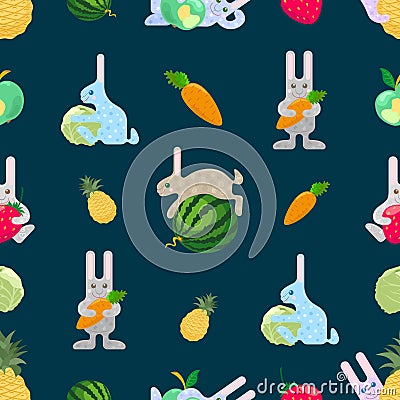 Seamless pattern with colored rabbits, vegetables and fruits Vector Illustration