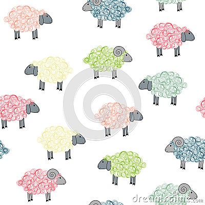 Seamless pattern with colored sheeps Vector Illustration