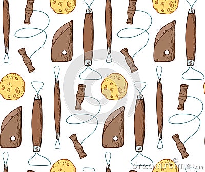 Seamless pattern with colored sketch tools for pottery on white background. Hobbies and workshop. Cutter, wire, sponge. Vector Vector Illustration