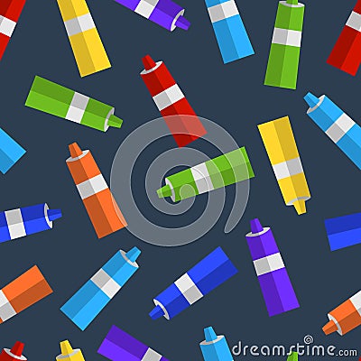 Seamless pattern of colored tubes of paint flat Stock Photo