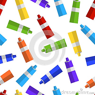 Seamless pattern of colored tubes of paint flat Stock Photo