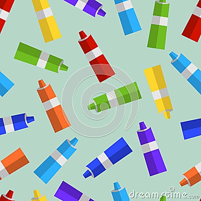 Seamless pattern of colored tubes of paint flat Stock Photo