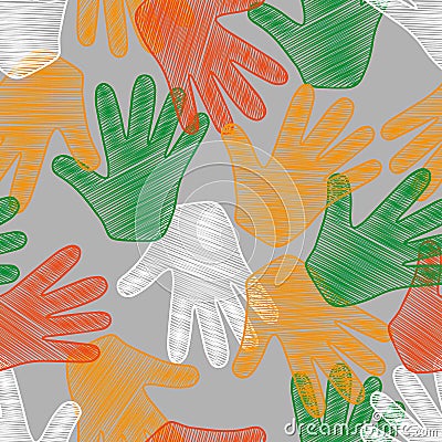 Seamless pattern of colored Vector outline illustration of people hands Vector Illustration