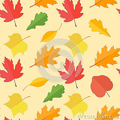 Seamless pattern with colorful autumn leaves on yellow background Vector Illustration