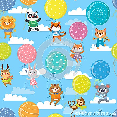 Seamless pattern with colorful balloons and cute animals. Vector Illustration