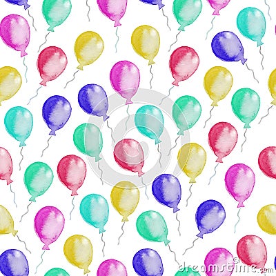 Seamless pattern of colorful balloons. Watercolor illustration Cartoon Illustration