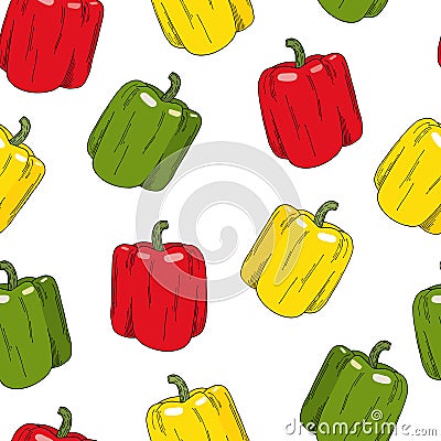 Seamless pattern with colorful bell peppers. Hand drawn cartoon vector stock illustration. Red, green, yellow capsicum Vector Illustration