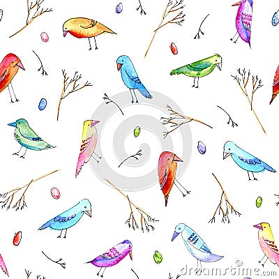 Seamless pattern with colorful bird, egg and branches. Cartoon Illustration