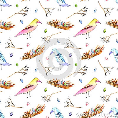 Seamless pattern with colorful bird, nest and branches. Cartoon Illustration