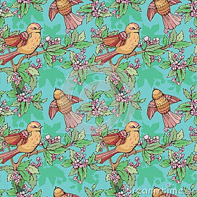 Seamless pattern with colorful birds and blooming summer flowers Vector Illustration