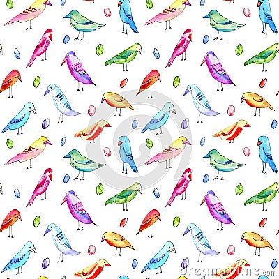 Seamless pattern with colorful birds and eggs. Cartoon Illustration