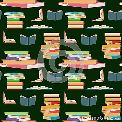 Seamless pattern with colorful books, stacking or piles of books on dark green background. Vector Illustration