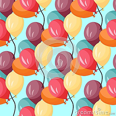 Seamless pattern with colorful bunches of birthday balloons flying for party and celebration. Balloons in a modern flat style Vector Illustration
