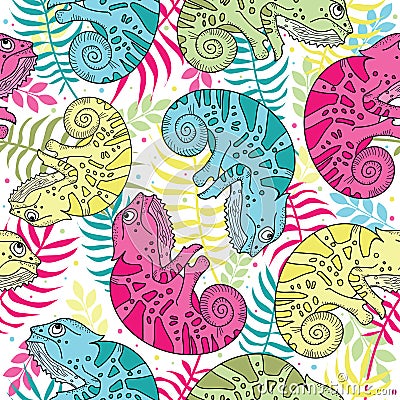 Seamless pattern of colorful chameleons in cartoon style. Bright pattern with chameleons and tropical leaves Vector Illustration