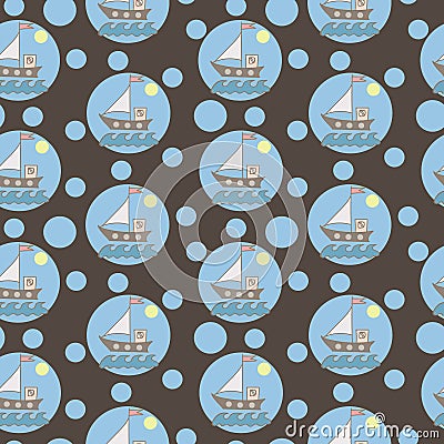 Seamless pattern with colorful color ship with flag and blue wave Vector Illustration