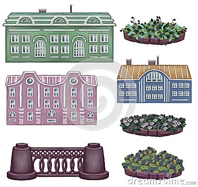 Seamless pattern of colorful crooked cartoon buildings on white background, fun cityscape borders or wallpaper. Cartoon Illustration