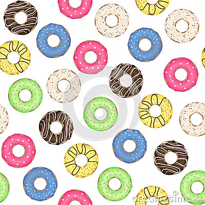 The seamless pattern with colorful and delicious donuts. Vector. Vector Illustration