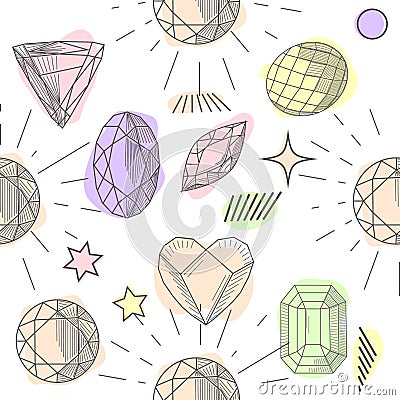 Seamless pattern with colorful fairytale crystals gems. Rainbow multicolored gem stones Stock Photo