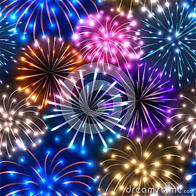 Seamless pattern with colorful fireworks Vector Illustration