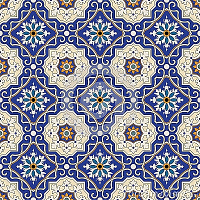 Seamless pattern from colorful floral Moroccan, Portuguese tiles, Azulejo, ornaments. Vector Illustration