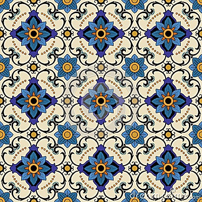 Seamless pattern from colorful floral Moroccan, Portuguese tiles, Azulejo, ornaments. Vector Illustration