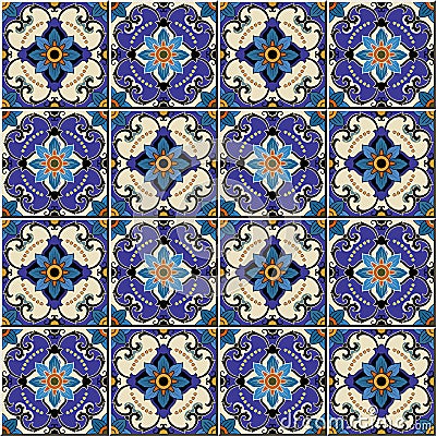 Seamless pattern from colorful floral Moroccan, Portuguese tiles, Azulejo, ornaments. Vector Illustration