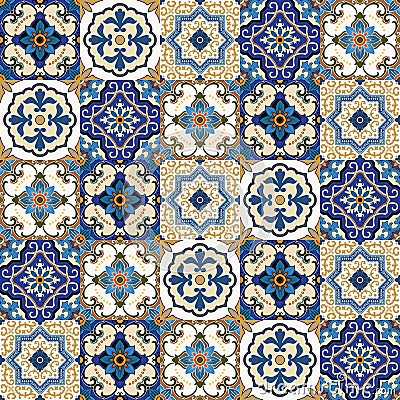 Seamless pattern from colorful floral Moroccan, Portuguese tiles, Azulejo, ornaments. Vector Illustration