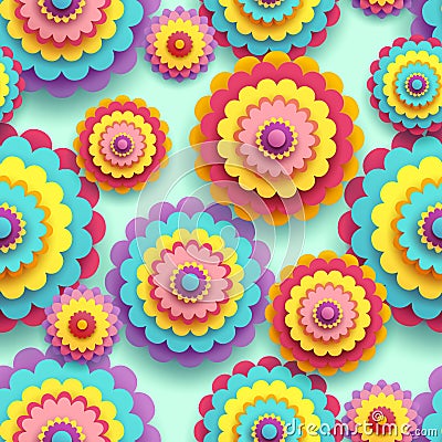 Seamless pattern with 3d colorful flowers chrysanthemums Vector Illustration