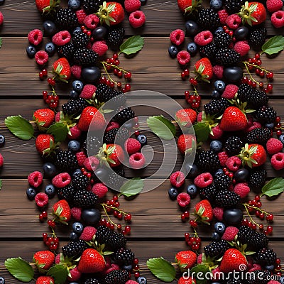 Seamless pattern with colorful fresh berries on brown wooden background. Advertisement for market, farmer or vegan concept. Copy Stock Photo