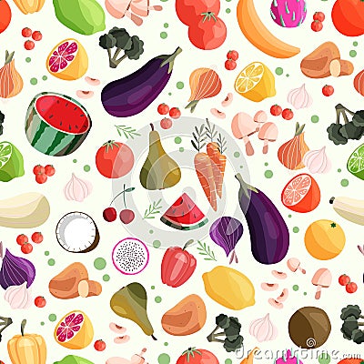 Seamless pattern with colorful fruit and vegetable. Hand drawn vector illustration design. Natural organic food. Vector Illustration
