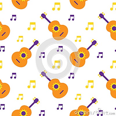Seamless pattern, colorful guitars and musical notes on a white background, purple and orange colors. Geometric design Vector Illustration
