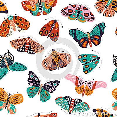 Seamless pattern with colorful hand drawn butterflies and moths on white background. Stylized flying insects, vector Vector Illustration