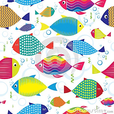 Seamless pattern of colorful hand drawn fishes Vector Illustration