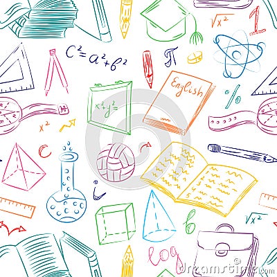 Seamless Pattern with Colorful Hand Drawn School Symbols. Vector Illustration