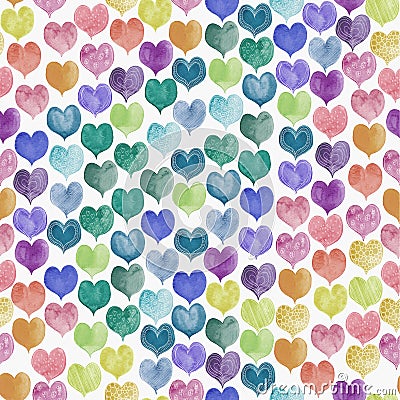 Seamless pattern of colorful hand painted aqua color hearts Stock Photo