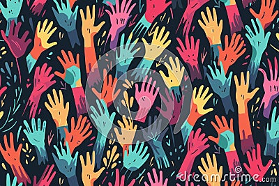A seamless pattern of colorful hands reaching out, symbolizing community and support in unity illustrated Stock Photo