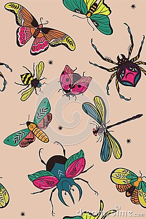 Seamless pattern with colorful insects. Vector graphics Vector Illustration