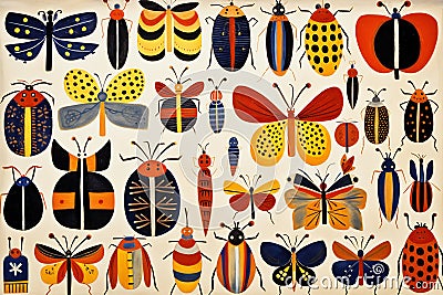 Seamless pattern with colorful insects, Vintage style Cartoon Illustration