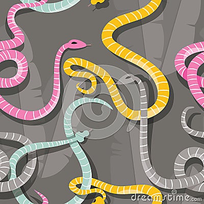 Seamless pattern with colorful intertwined striped rain forest snakes Vector Illustration