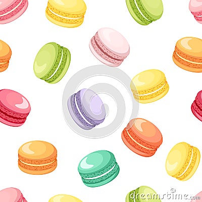 Seamless pattern with colorful macaroon cookies on white. Vector illustration. Vector Illustration