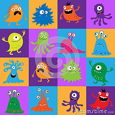 Seamless pattern with colorful monsters in squares Vector Illustration