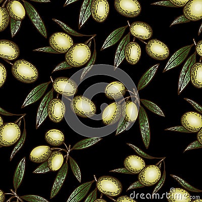 Seamless pattern of colorful olives in the engraving vintage style on black background. Vector Illustration
